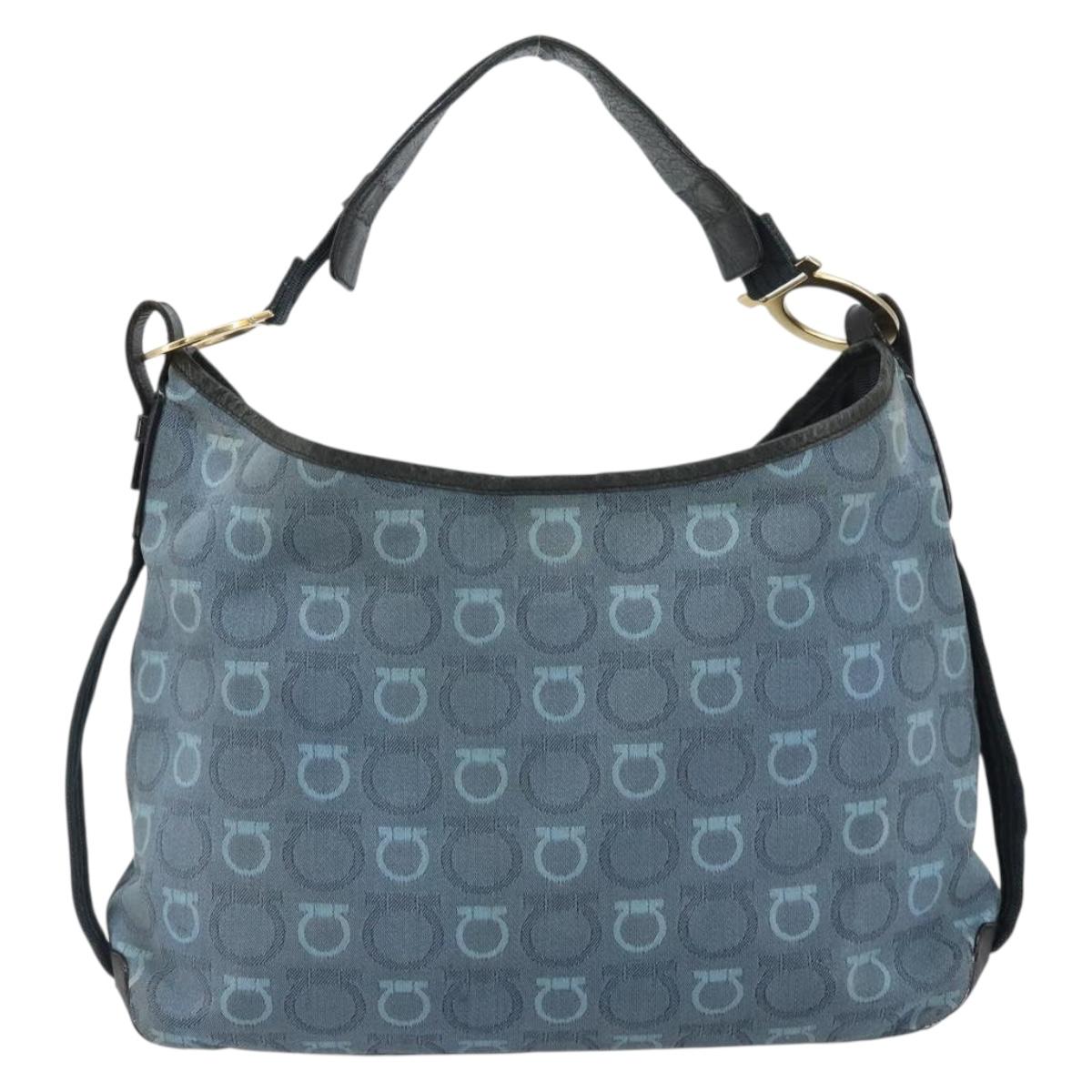 Salvatore Ferragamo Gancini Shoulder Bag Canvas Blue Gold Auth BA9948