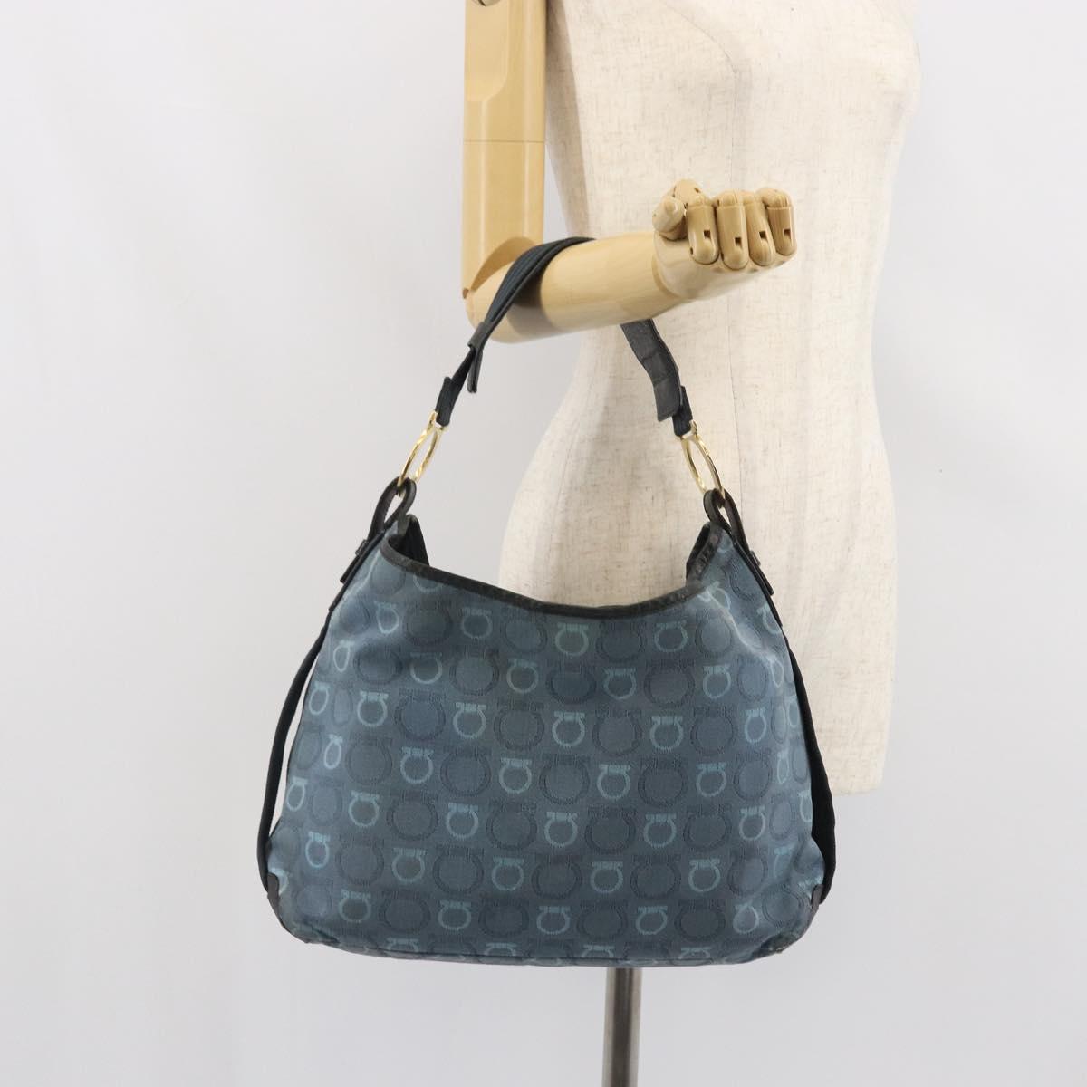 Salvatore Ferragamo Gancini Shoulder Bag Canvas Blue Gold Auth BA9948