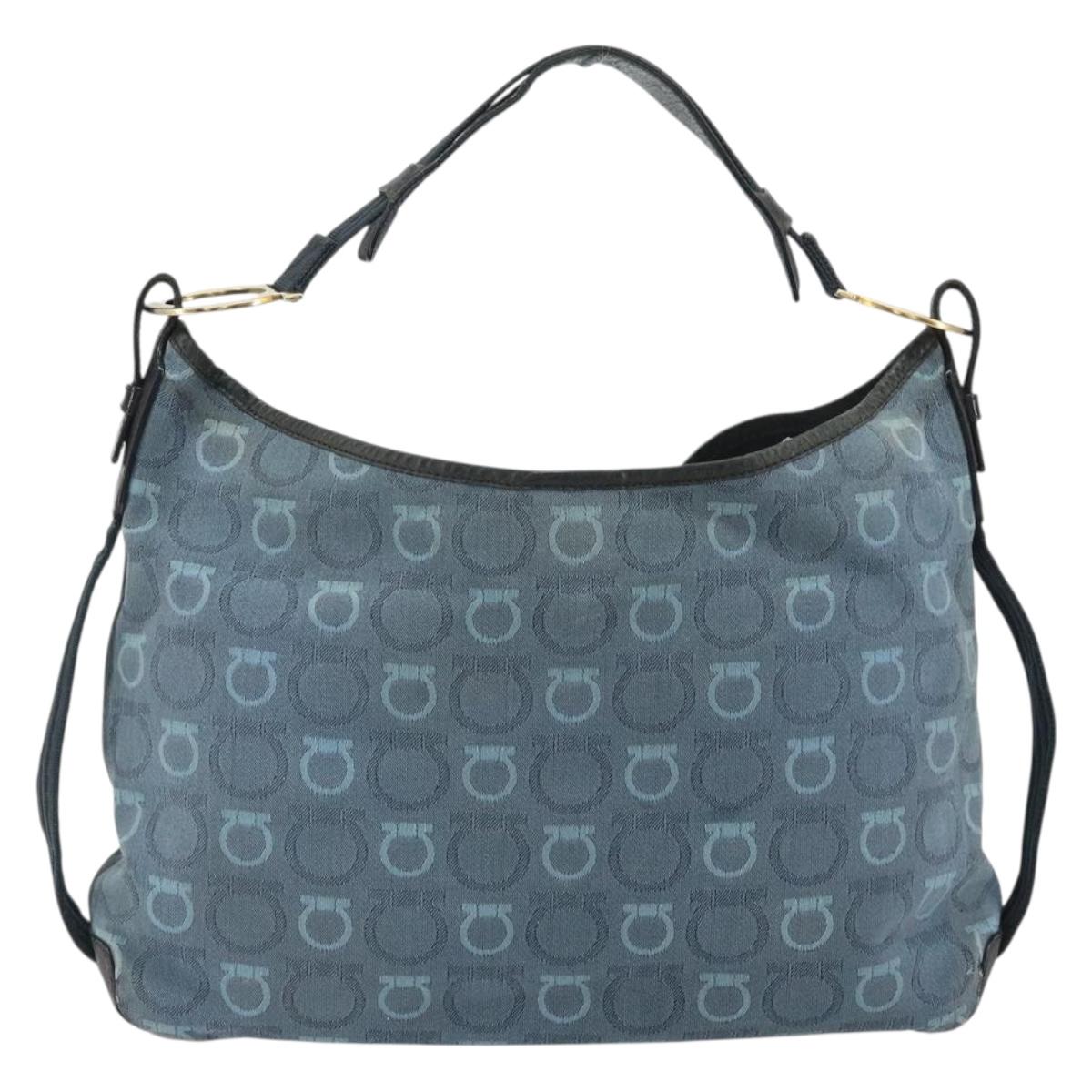Salvatore Ferragamo Gancini Shoulder Bag Canvas Blue Gold Auth BA9948