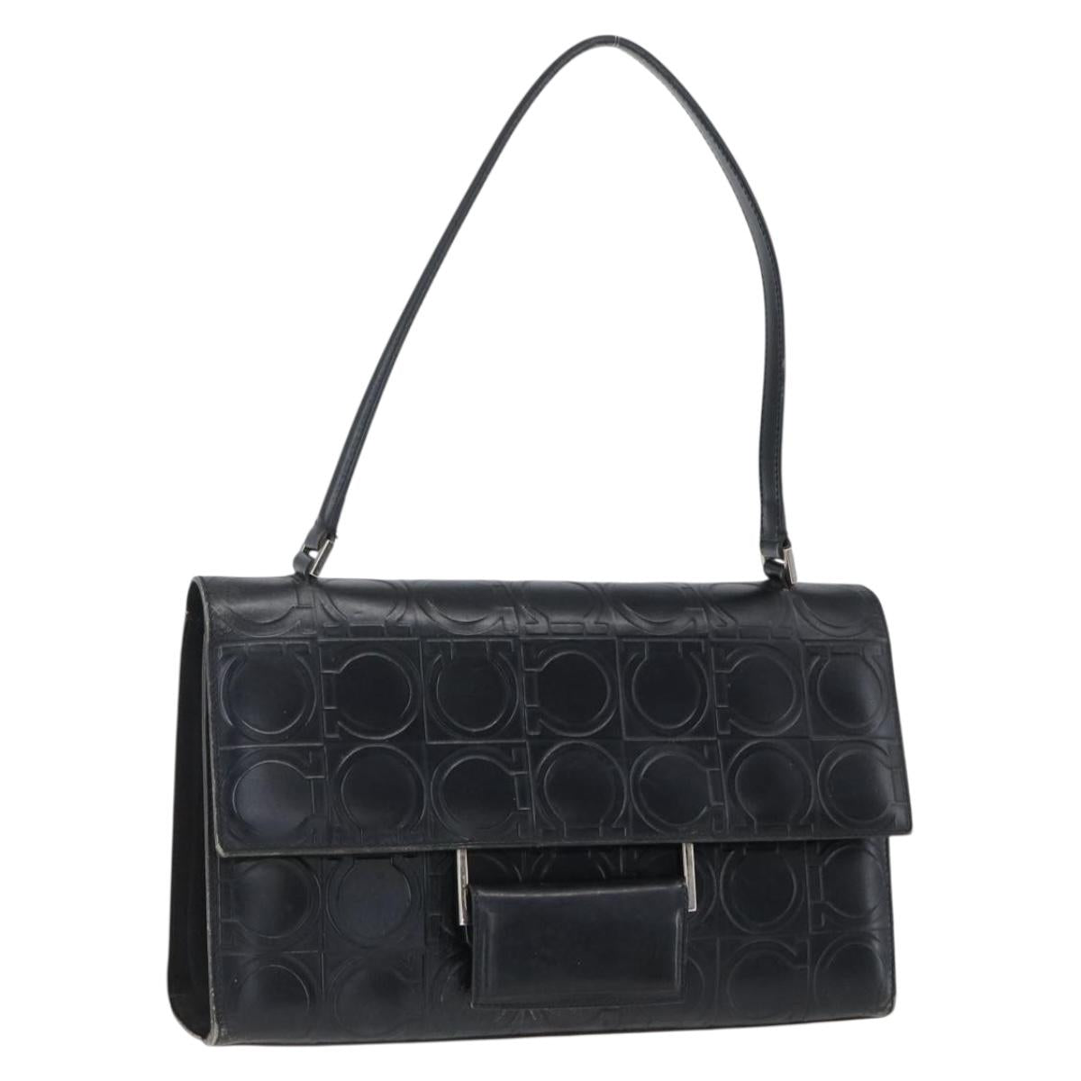 Salvatore Ferragamo Gancini Hand Bag Leather Black Silver Auth BA9953