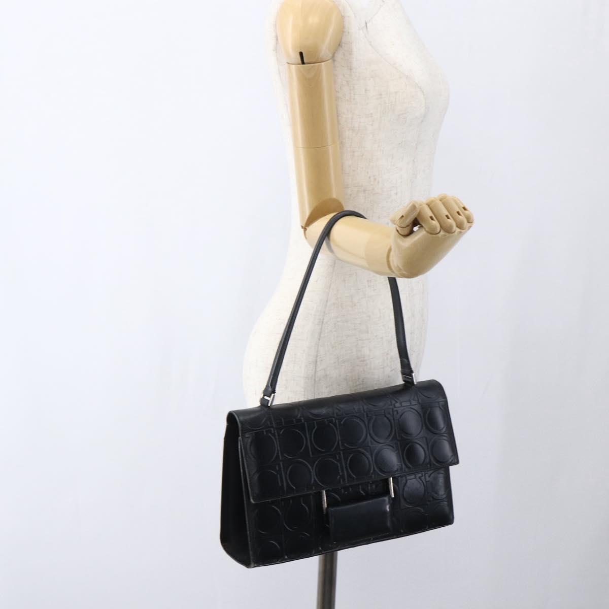 Salvatore Ferragamo Gancini Hand Bag Leather Black Silver Auth BA9953