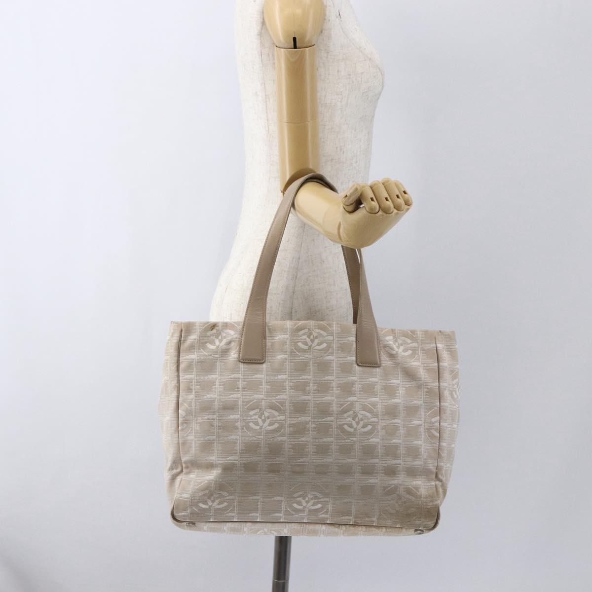 CHANEL New Travel Line Tote Bag Nylon Beige Gold CC Auth BA9963