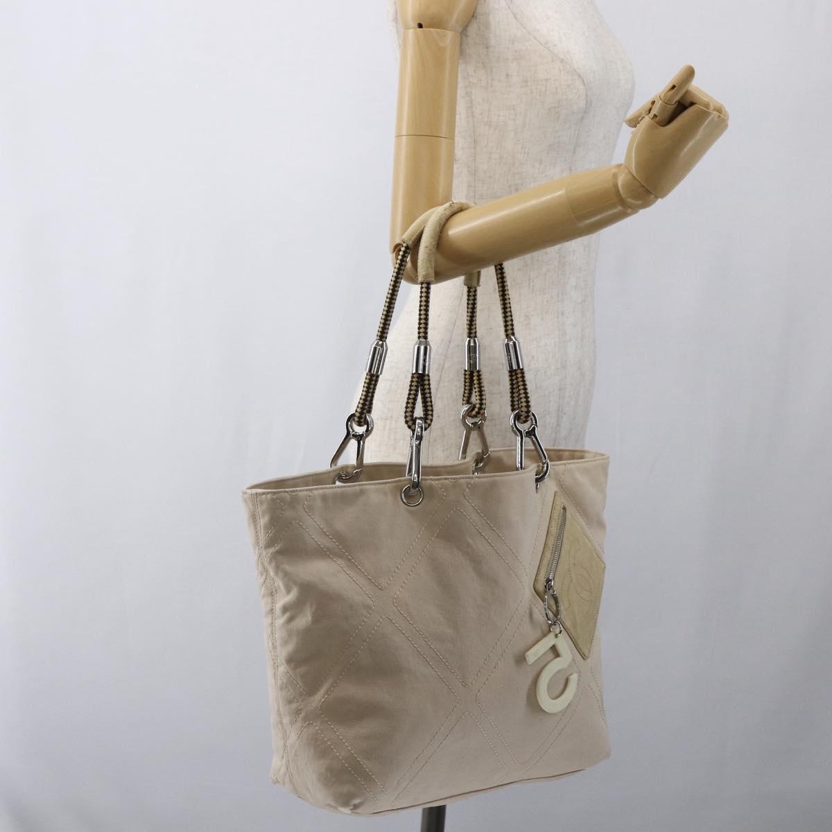 CHANEL Tote Bag Canvas Beige Silver CC Auth BA9964
