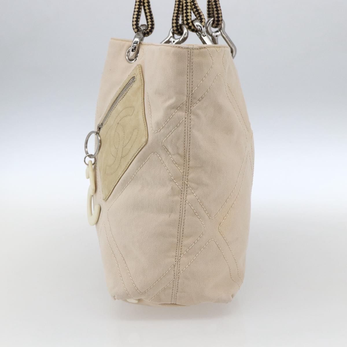 CHANEL Tote Bag Canvas Beige Silver CC Auth BA9964