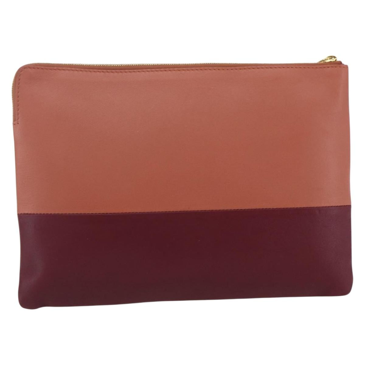CELINE Pouch Leather Red Gold Auth BA9976