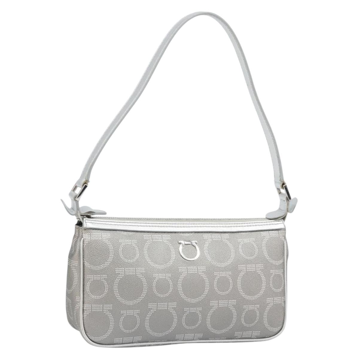 Salvatore Ferragamo Hand Pouch Leather PVC Silver Auth BA9978V