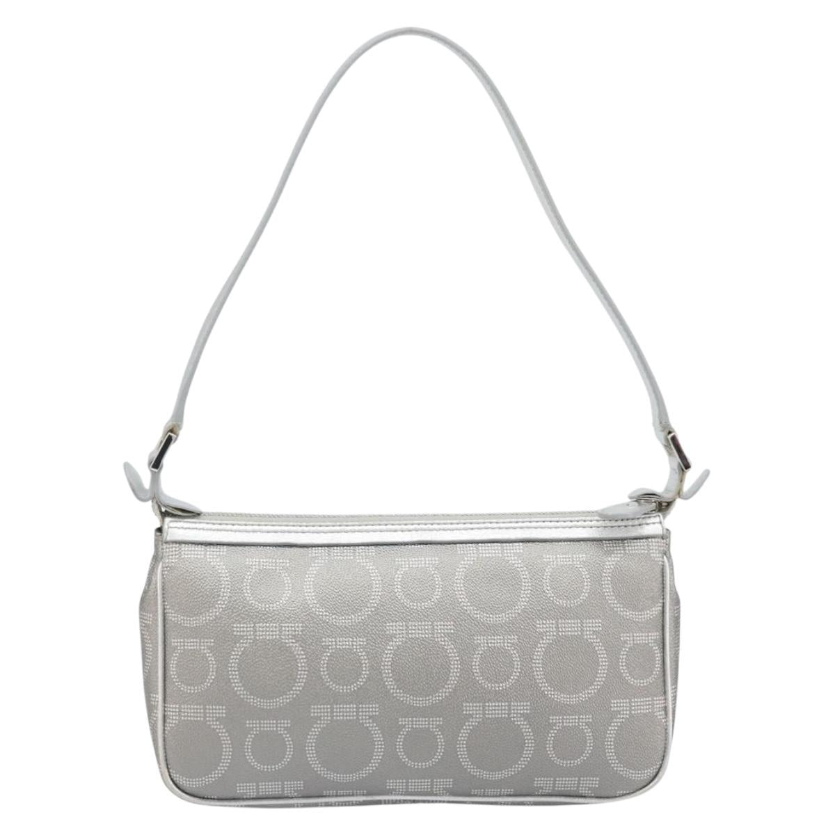 Salvatore Ferragamo Hand Pouch Leather PVC Silver Auth BA9978V