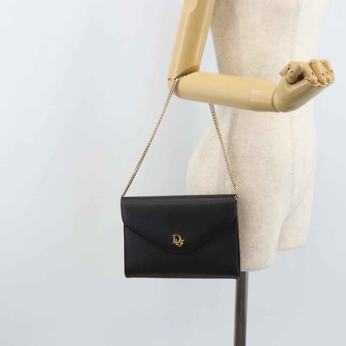 Christian Dior Chain Shoulder Bag Leather Gold Black Auth BAZ035A