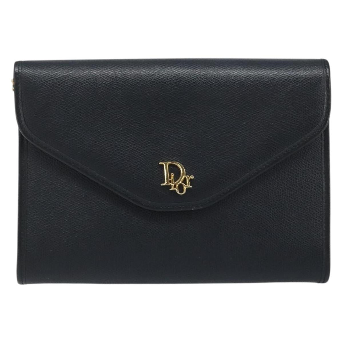 Christian Dior Chain Shoulder Bag Leather Gold Black Auth BAZ035A