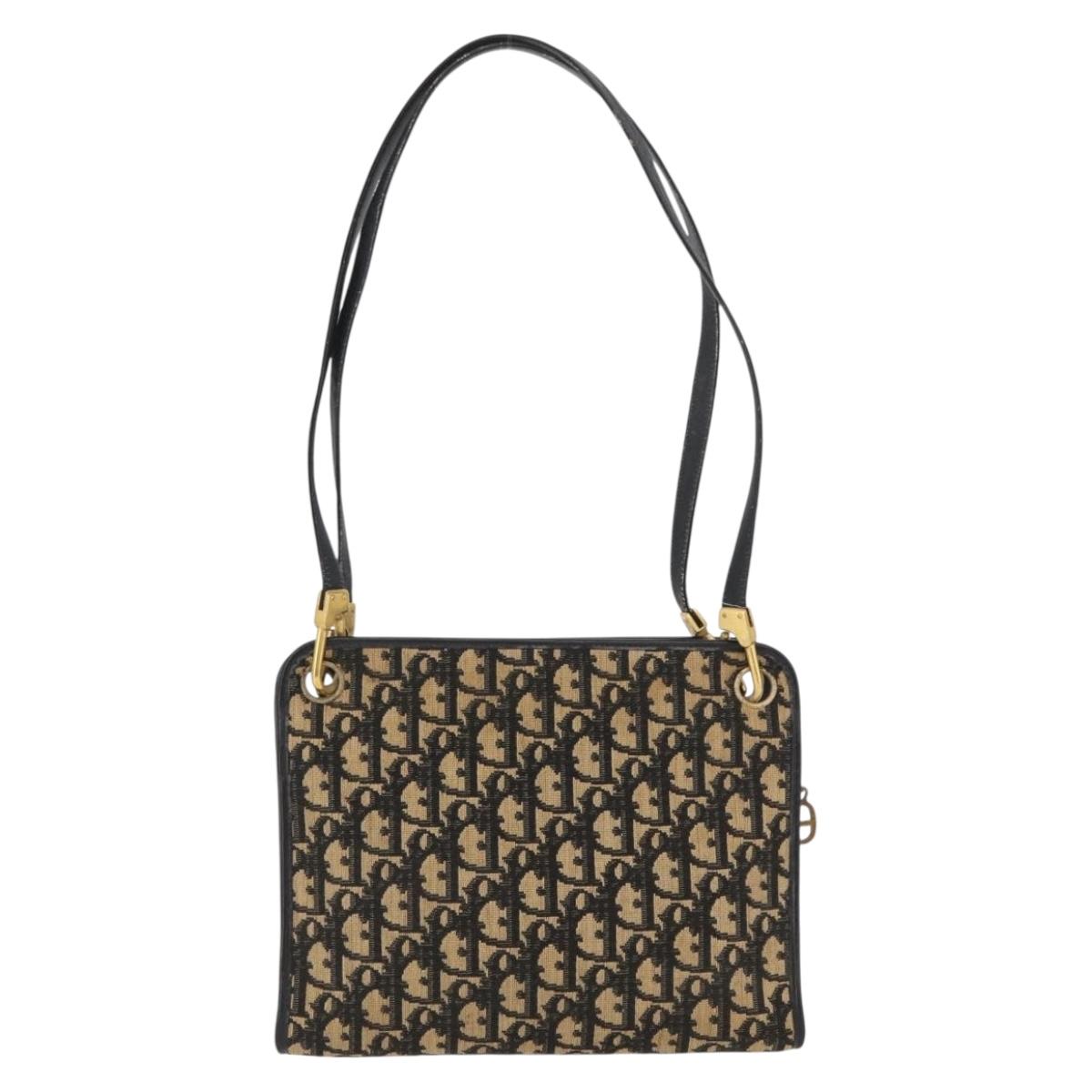 Christian Dior Trotter Canvas Shoulder Bag Navy Gold Auth BAZ047