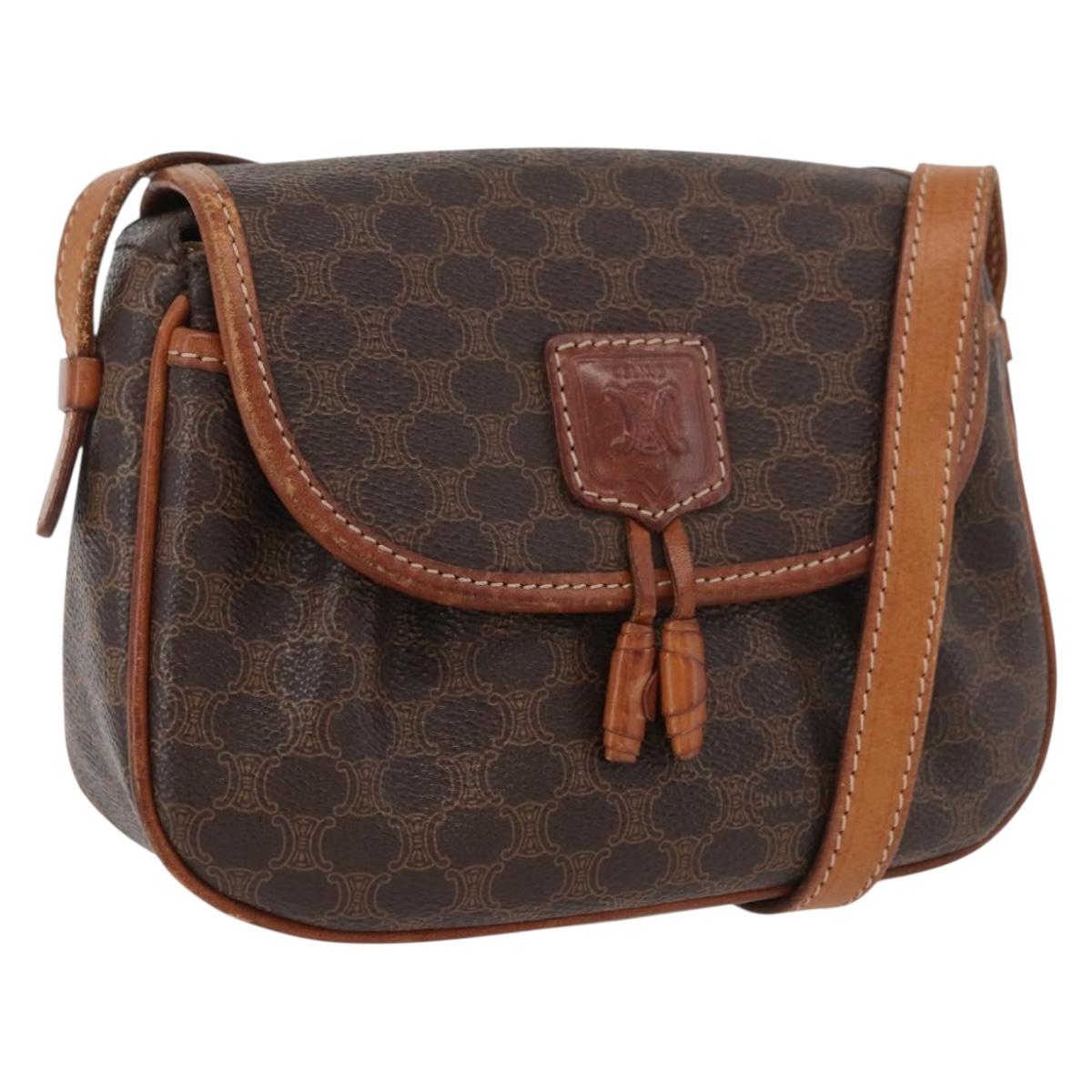 CELINE Macadam Canvas Shoulder Bag PVC Leather Brown Gold Auth BAZ059A