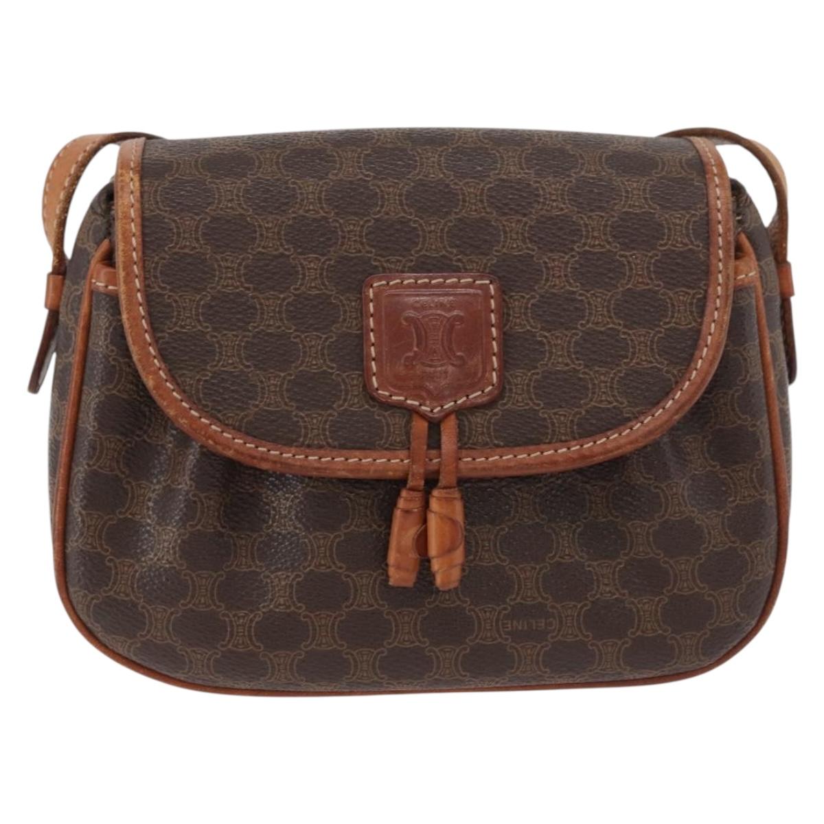 CELINE Macadam Canvas Shoulder Bag PVC Leather Brown Gold Auth BAZ059A