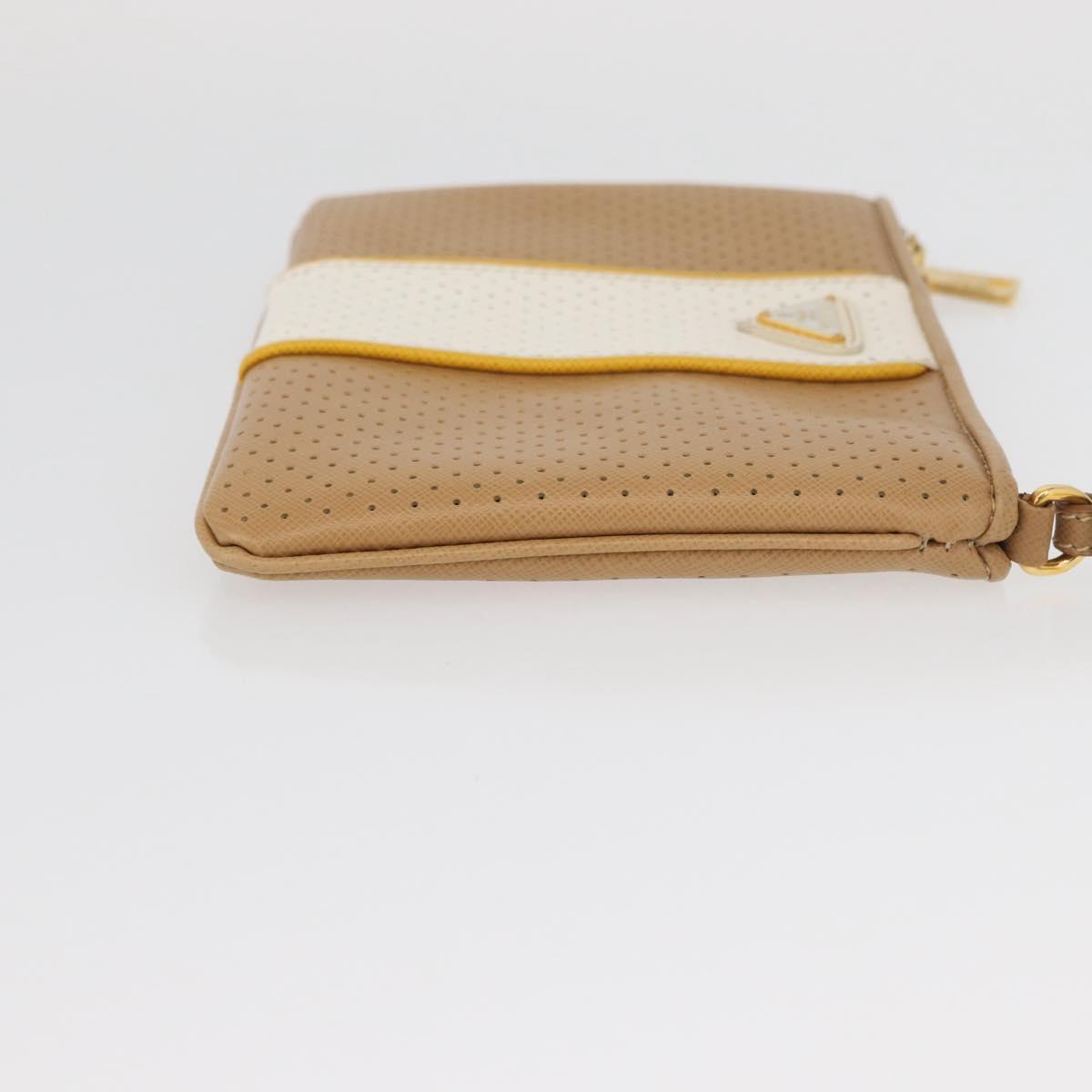 PRADA Punching Pouch Leather Beige Gold Auth BAZ062A
