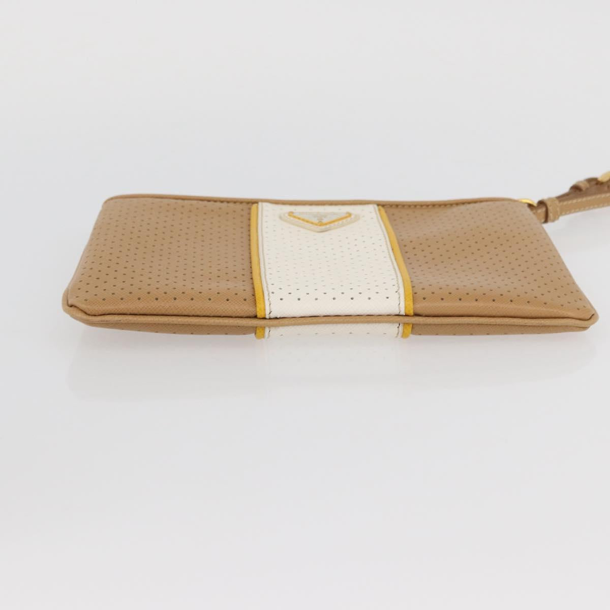 PRADA Punching Pouch Leather Beige Gold Auth BAZ062A