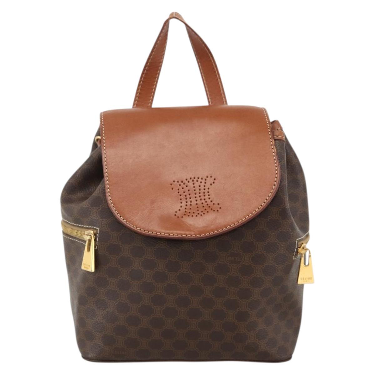 CELINE Macadam Canvas Backpack PVC Leather Brown Gold Auth BAZ067A