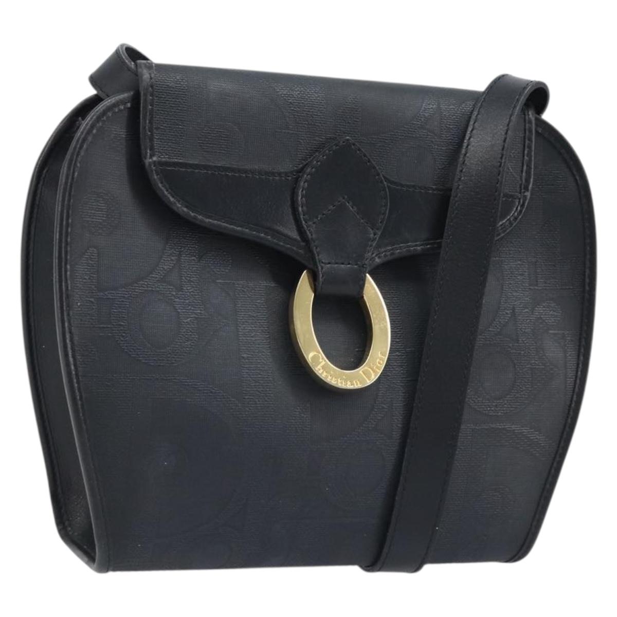 Christian Dior Trotter Canvas Shoulder Bag PVC Black Gold Auth BAZ068A
