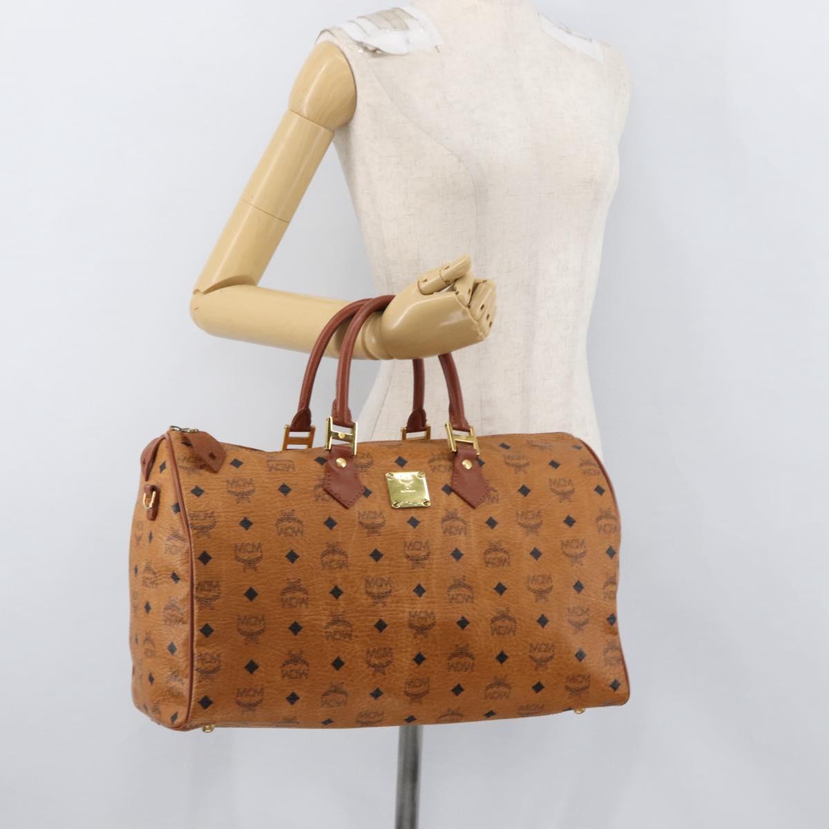 MCM Vicetos Logogram Boston Bag PVC Leather Brown Gold Auth BAZ070A