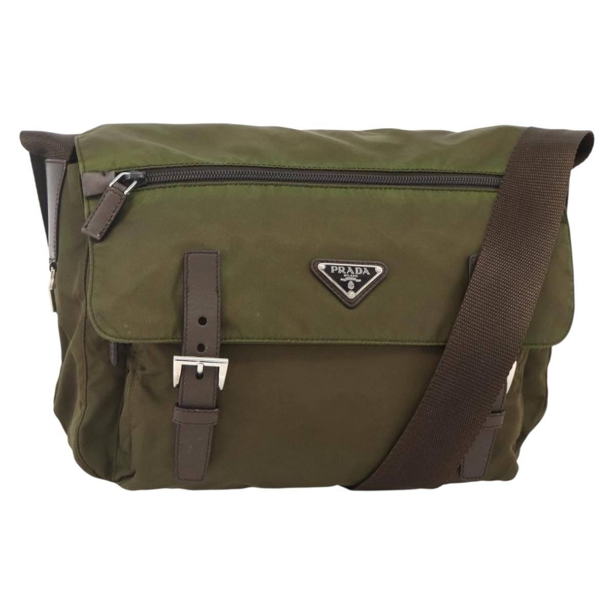 PRADA Shoulder Bag Nylon Khaki Silver Auth BAZ105A
