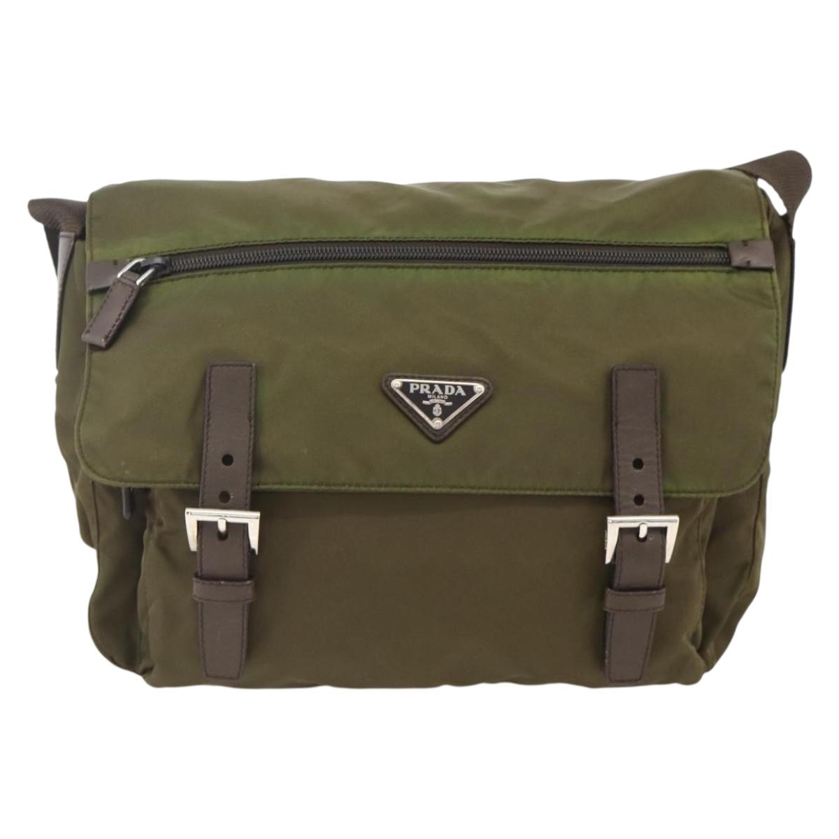 PRADA Shoulder Bag Nylon Khaki Silver Auth BAZ105A