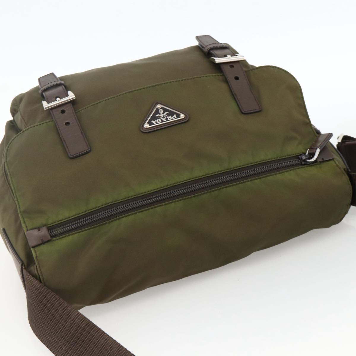 PRADA Shoulder Bag Nylon Khaki Silver Auth BAZ105A
