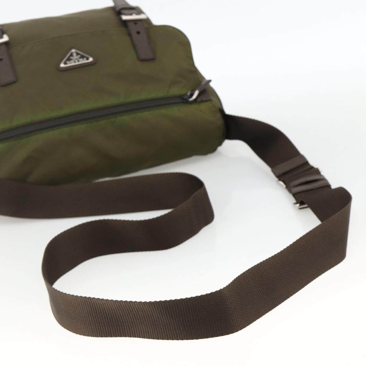 PRADA Shoulder Bag Nylon Khaki Silver Auth BAZ105A