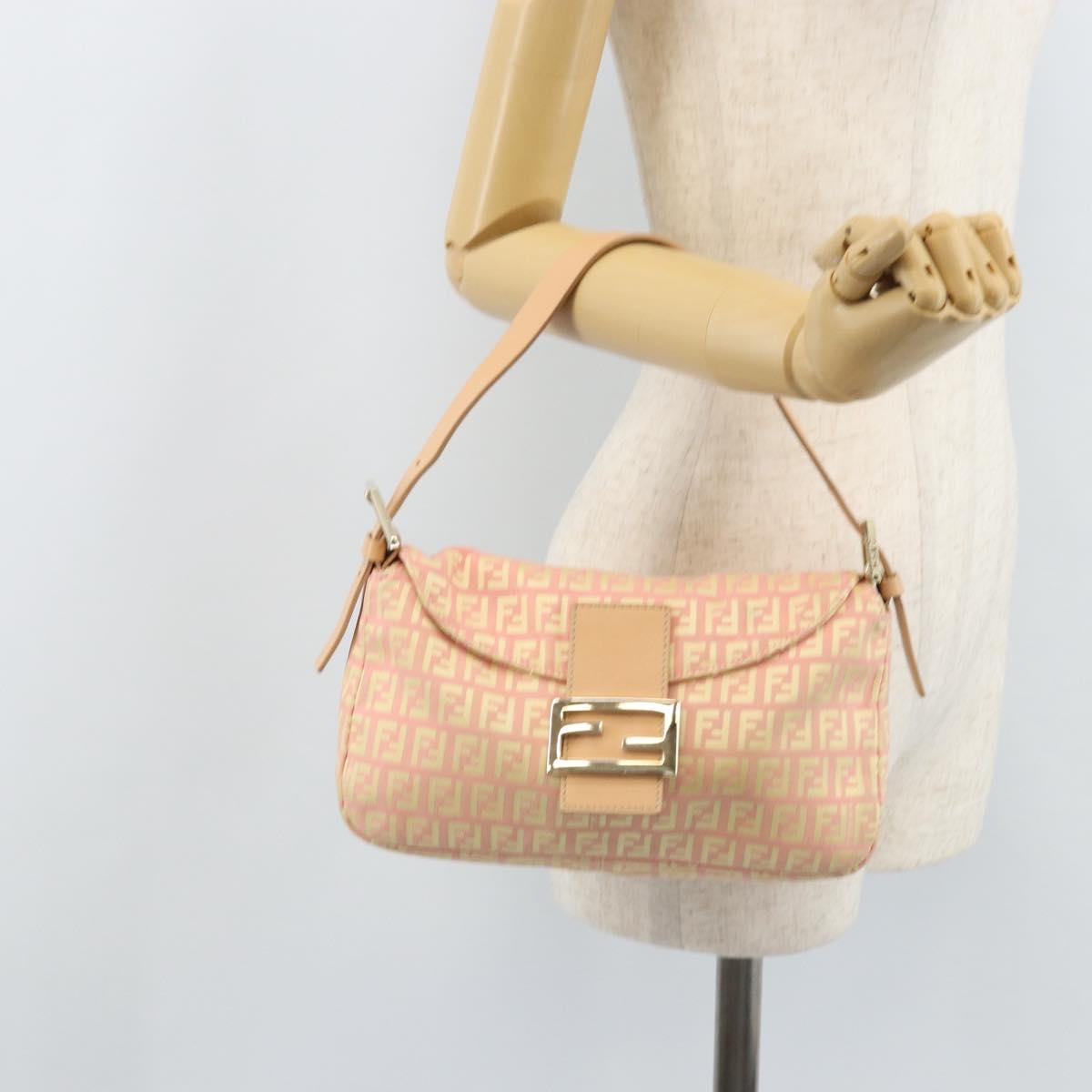 FENDI Zucchino Canvas Mamma Baguette Hand Bag Pink Gold Auth BAZ114SAV