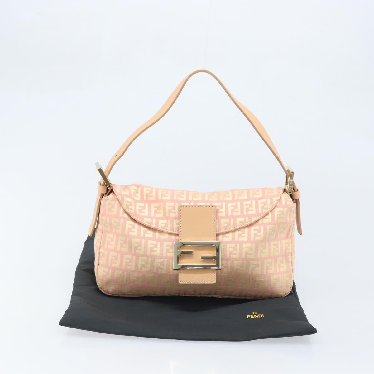 FENDI Zucchino Canvas Mamma Baguette Hand Bag Pink Gold Auth BAZ114SAV