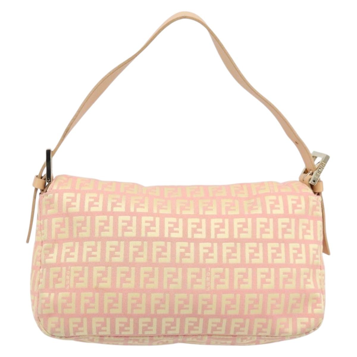 FENDI Zucchino Canvas Mamma Baguette Hand Bag Pink Gold Auth BAZ114SAV