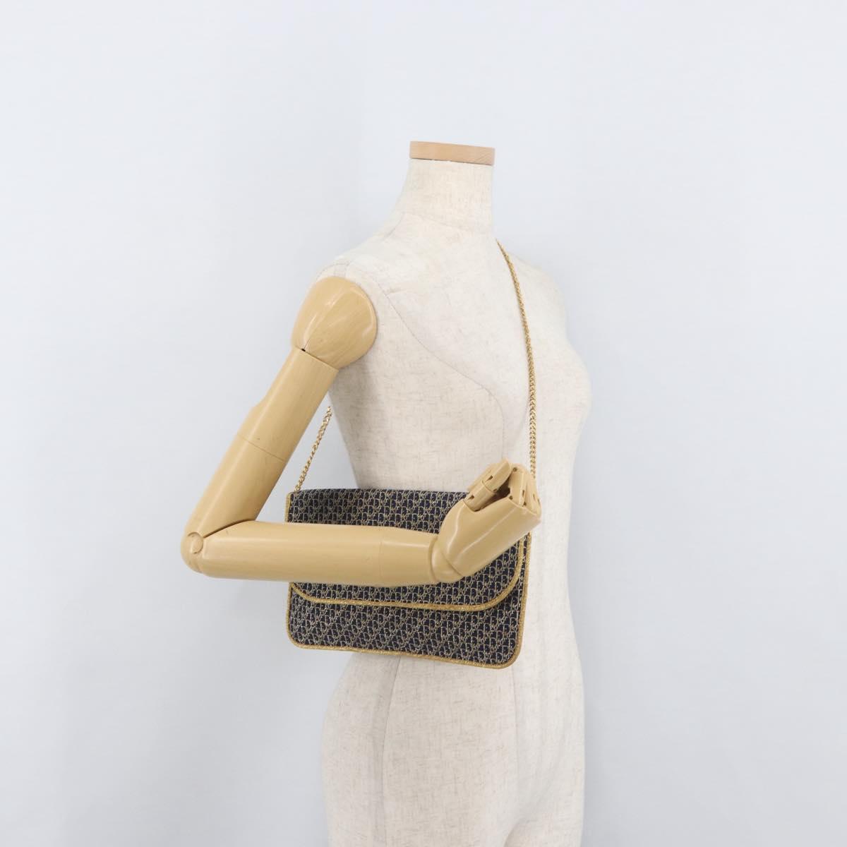 Christian Dior Trotter Canvas Chain Shoulder Bag Navy Gold Auth BAZ118A