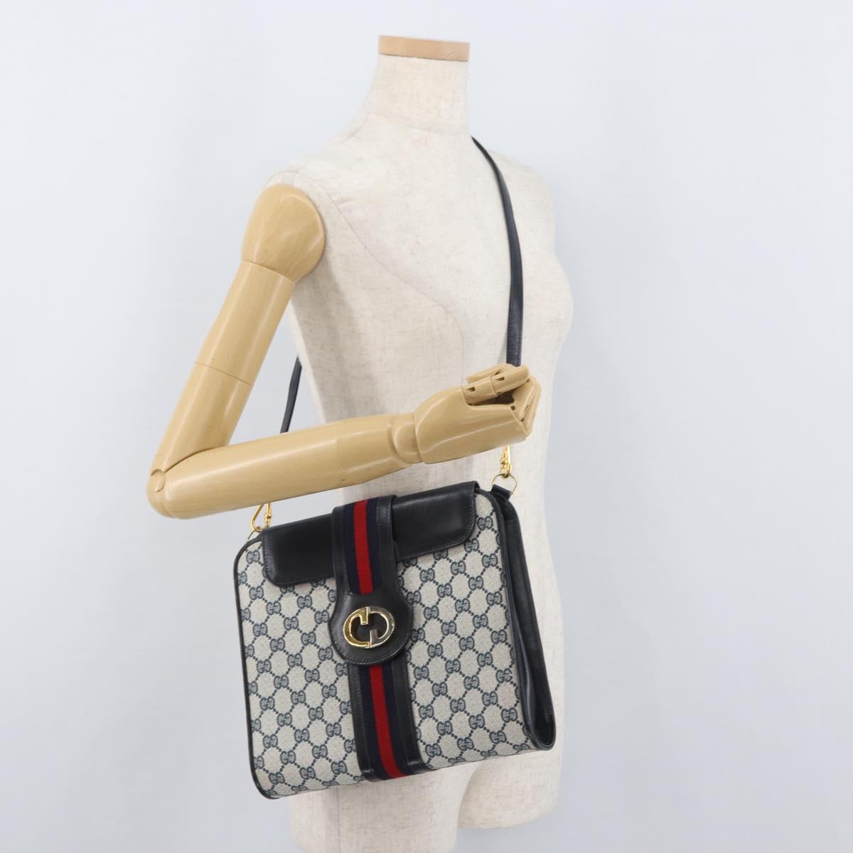 GUCCI GG Supreme Sherry Line Shoulder Bag PVC Navy Gold Auth BAZ144A