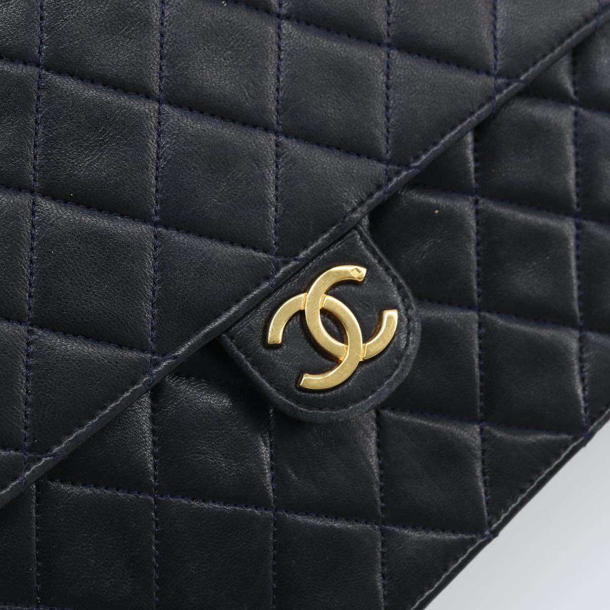CHANEL Matelasse Chain Shoulder Bag Lamb Skin Navy Gold CC Auth BAZ147