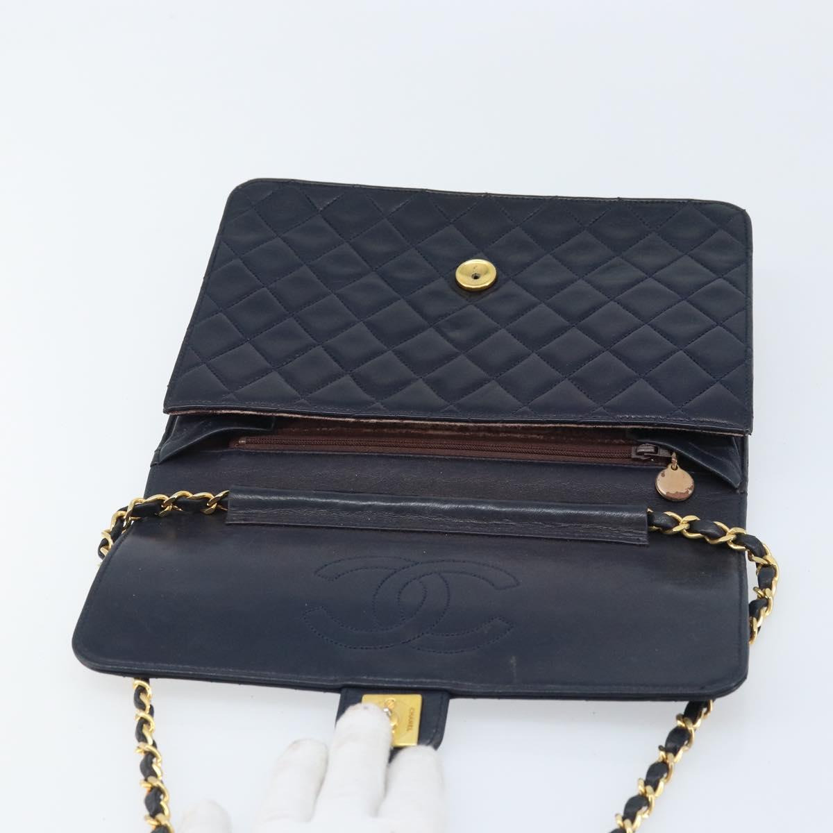 CHANEL Matelasse Chain Shoulder Bag Lamb Skin Navy Gold CC Auth BAZ147