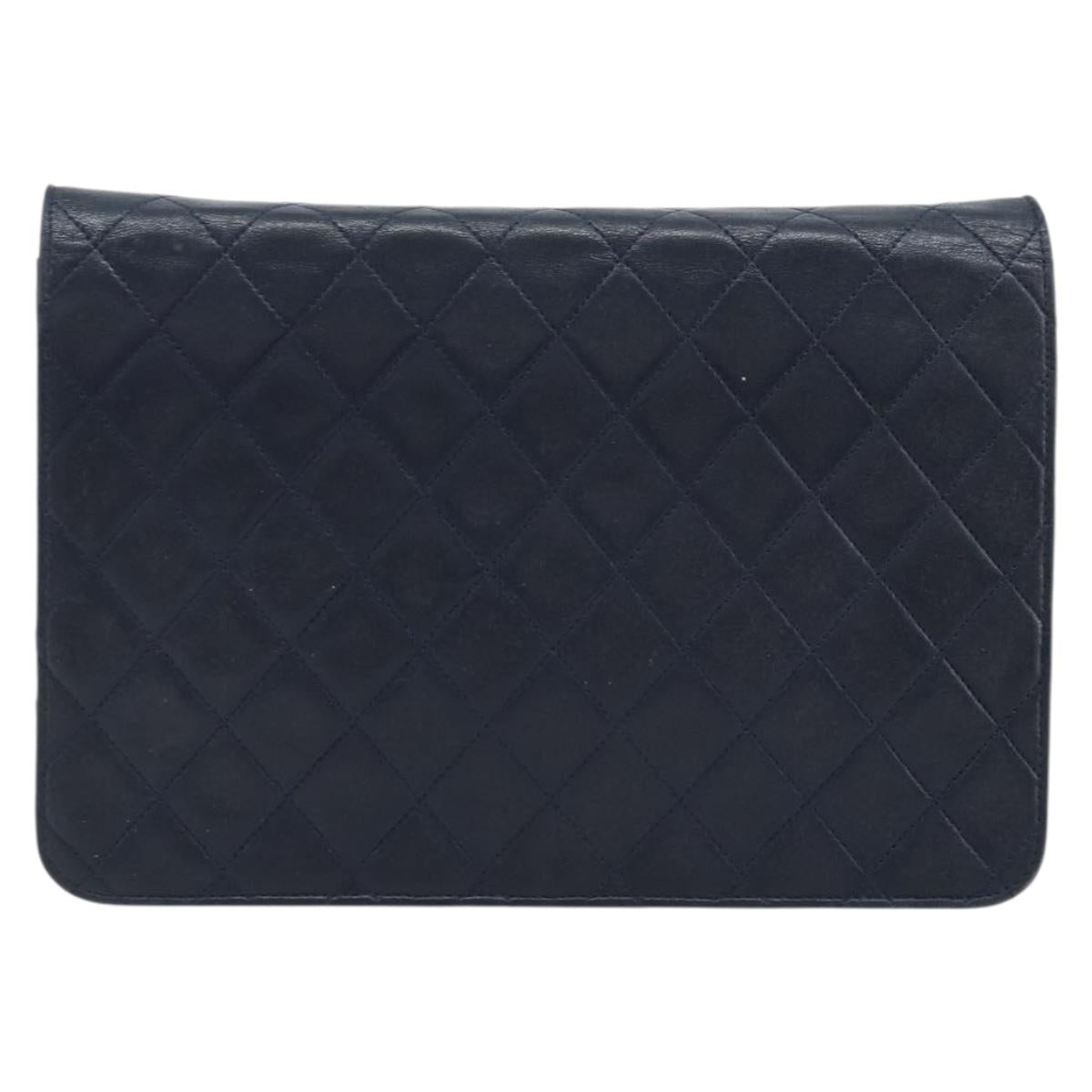 CHANEL Matelasse Chain Shoulder Bag Lamb Skin Navy Gold CC Auth BAZ147