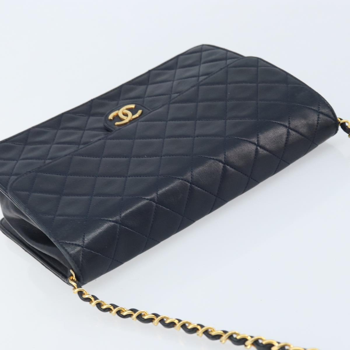 CHANEL Matelasse Chain Shoulder Bag Lamb Skin Navy Gold CC Auth BAZ147