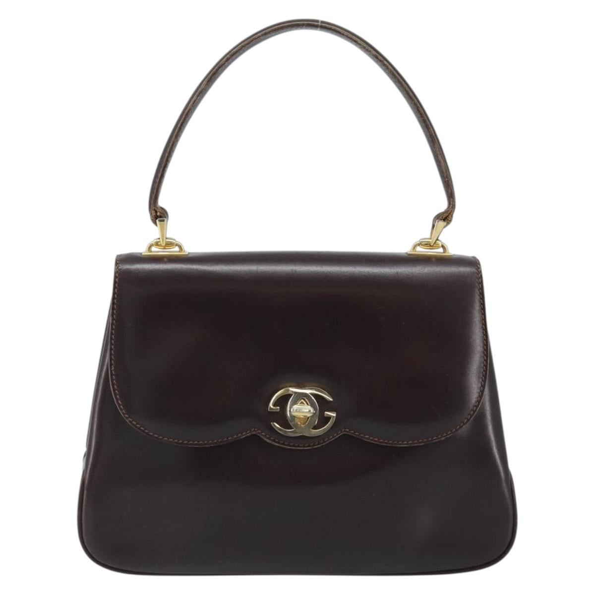GUCCI Hand Bag Leather Brown Gold Auth BAZ167