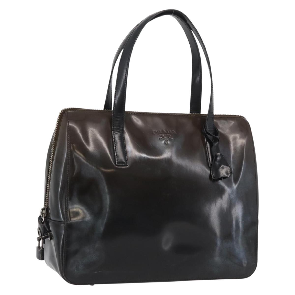 PRADA Hand Bag Patent leather Brown Silver Auth BAZ168