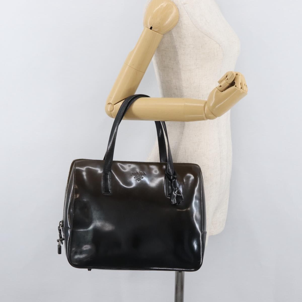 PRADA Hand Bag Patent leather Brown Silver Auth BAZ168
