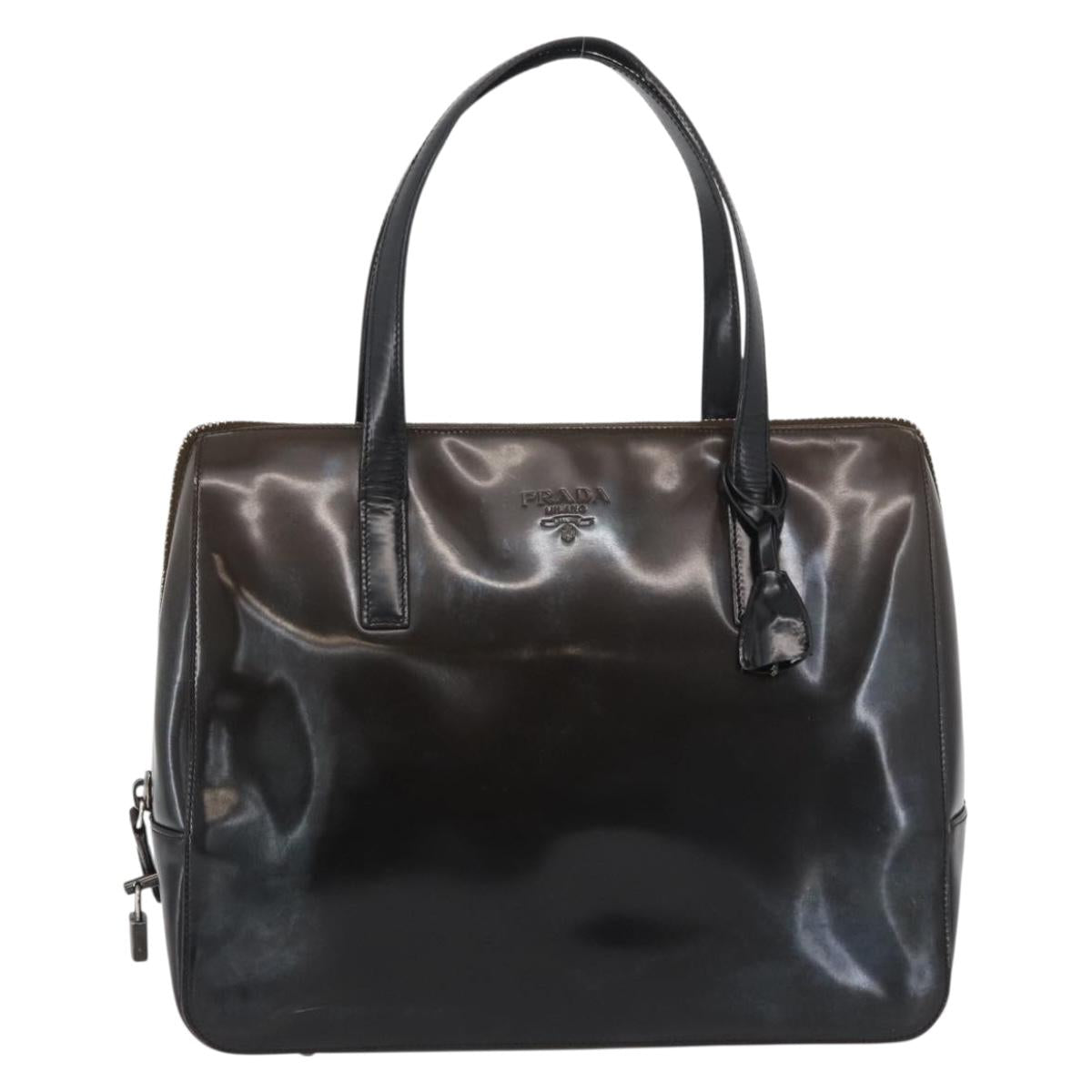 PRADA Hand Bag Patent leather Brown Silver Auth BAZ168
