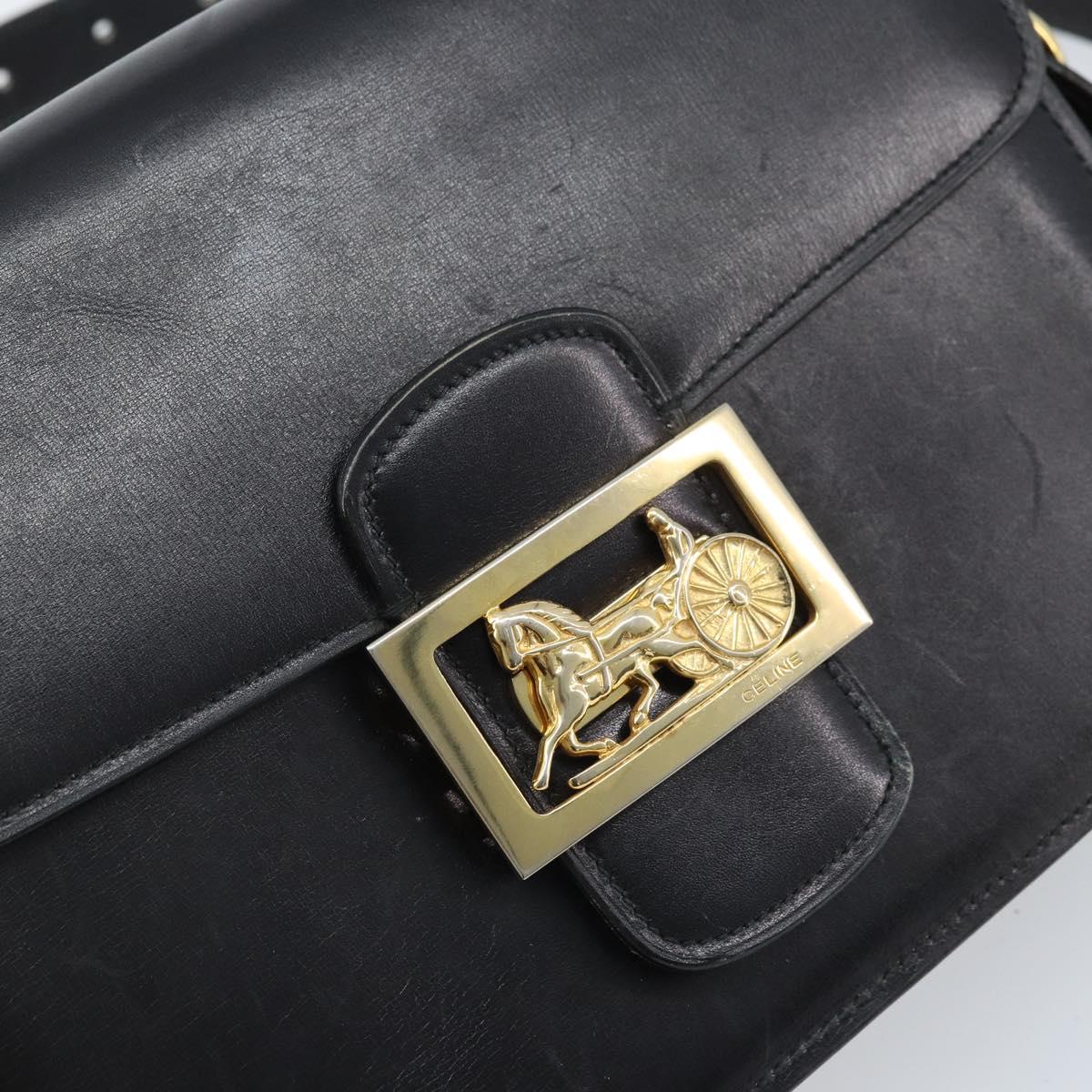 CELINE Horse Carriage Shoulder Bag Leather Black Gold Auth BAZ181