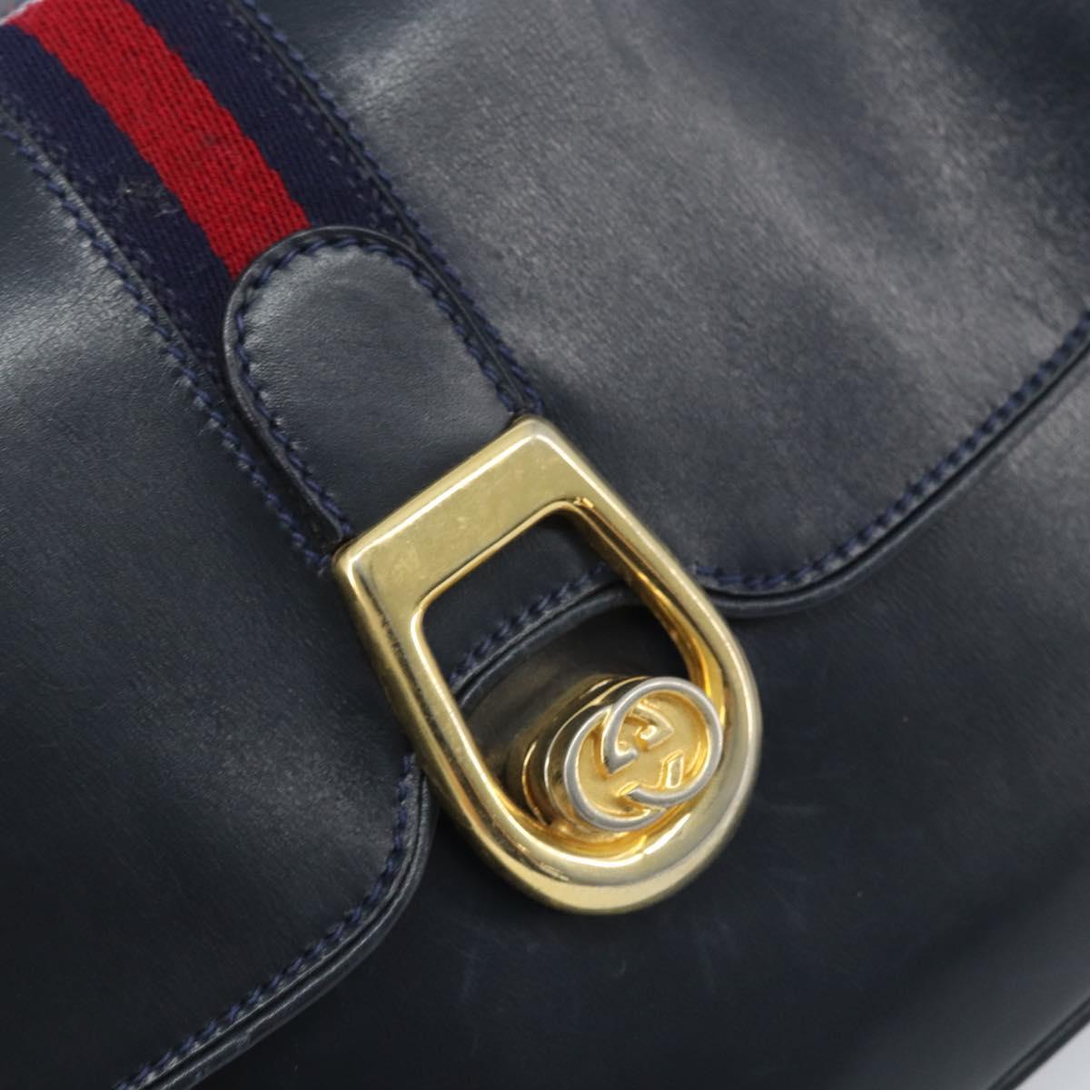 GUCCI Sherry Line Shoulder Bag Leather Navy Gold Auth BAZ198A
