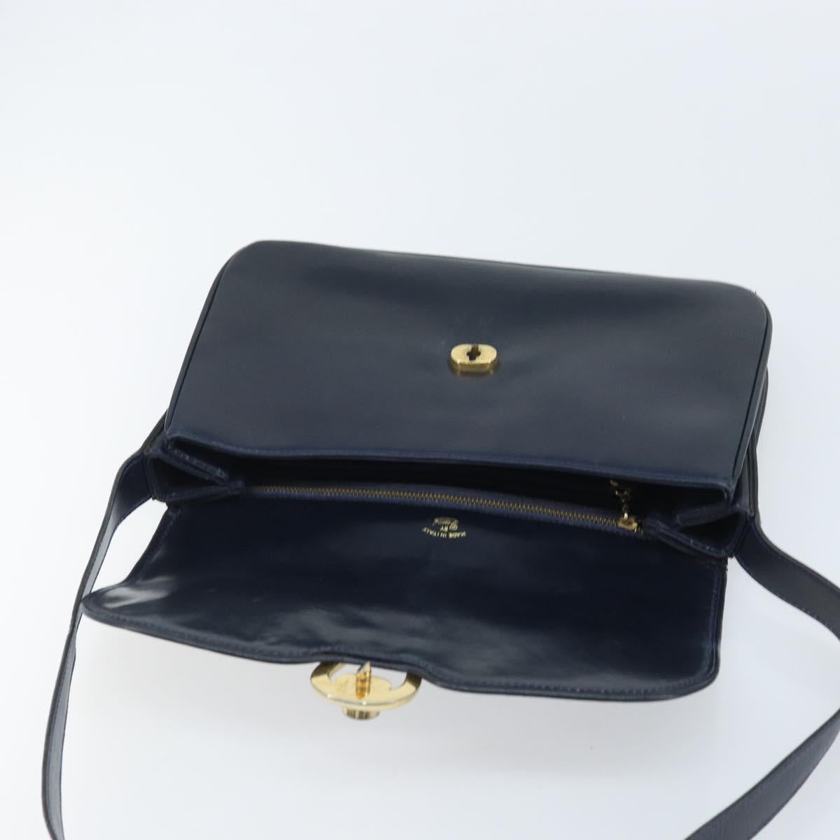 GUCCI Sherry Line Shoulder Bag Leather Navy Gold Auth BAZ198A