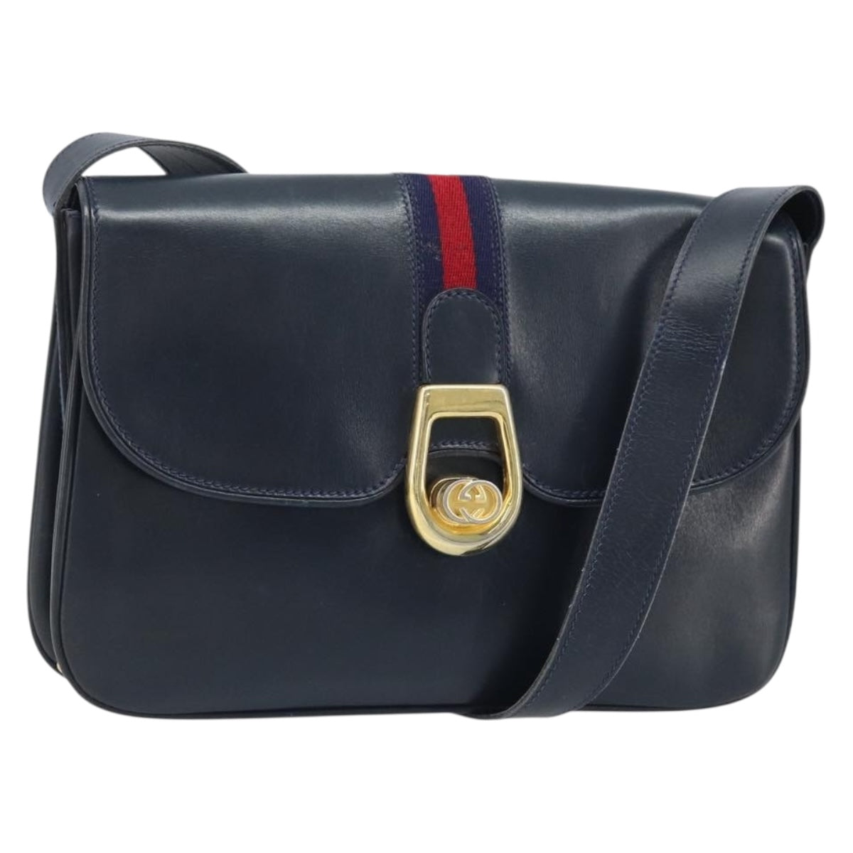 GUCCI Sherry Line Shoulder Bag Leather Navy Gold Auth BAZ198A