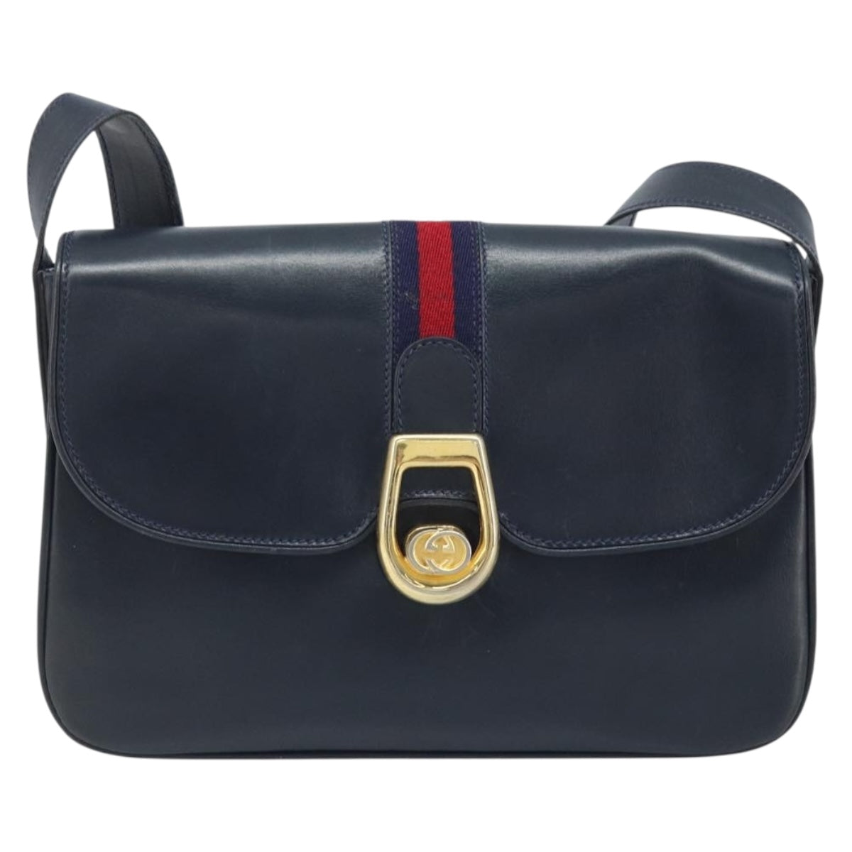 GUCCI Sherry Line Shoulder Bag Leather Navy Gold Auth BAZ198A