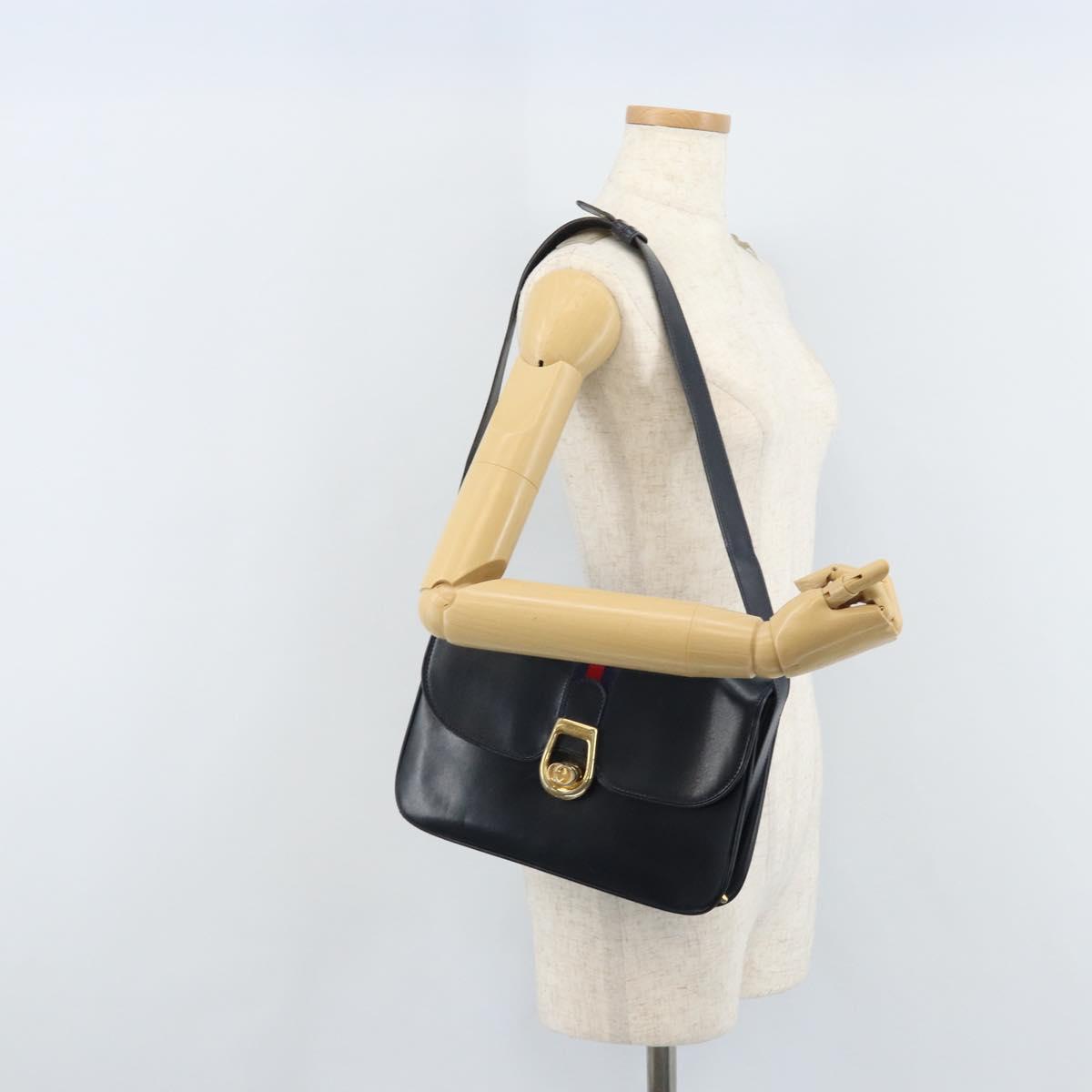 GUCCI Sherry Line Shoulder Bag Leather Navy Gold Auth BAZ198A