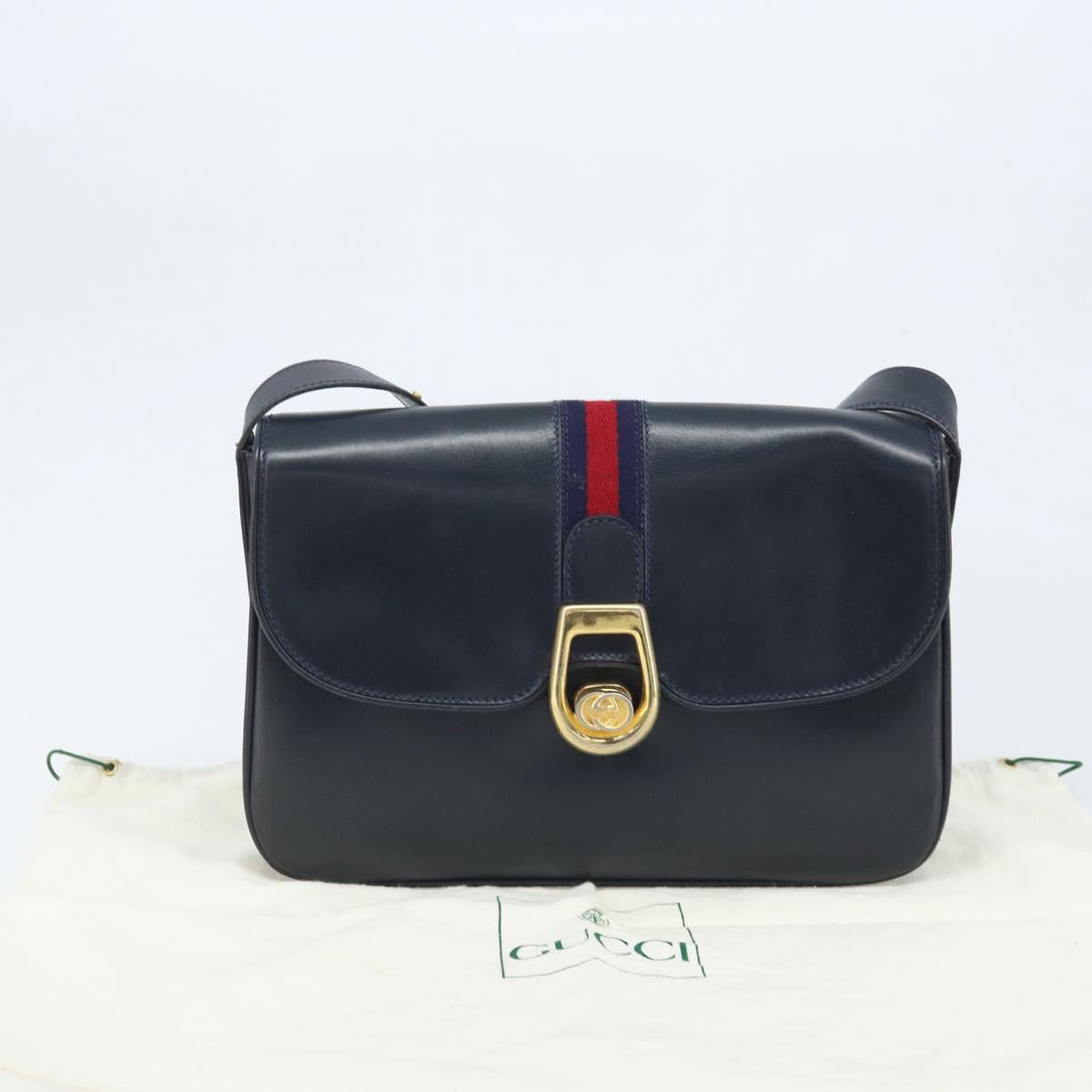 GUCCI Sherry Line Shoulder Bag Leather Navy Gold Auth BAZ198A