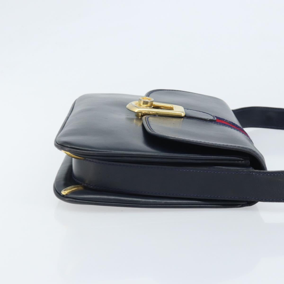 GUCCI Sherry Line Shoulder Bag Leather Navy Gold Auth BAZ198A