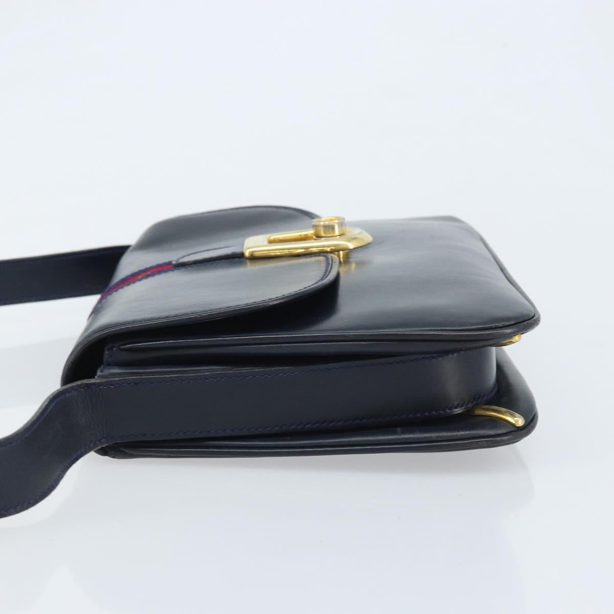 GUCCI Sherry Line Shoulder Bag Leather Navy Gold Auth BAZ198A