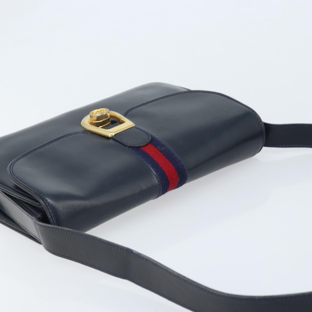 GUCCI Sherry Line Shoulder Bag Leather Navy Gold Auth BAZ198A