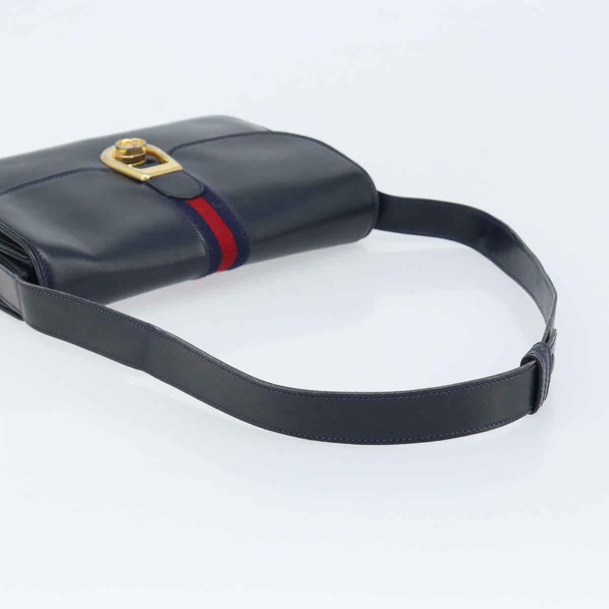 GUCCI Sherry Line Shoulder Bag Leather Navy Gold Auth BAZ198A