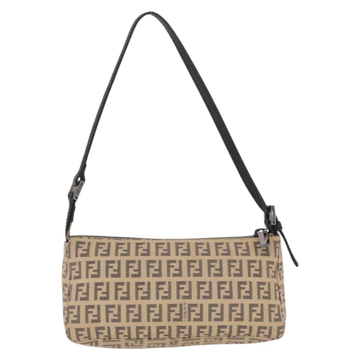 FENDI Zucchino Canvas Shoulder Bag Beige Gold Auth BAZ211A